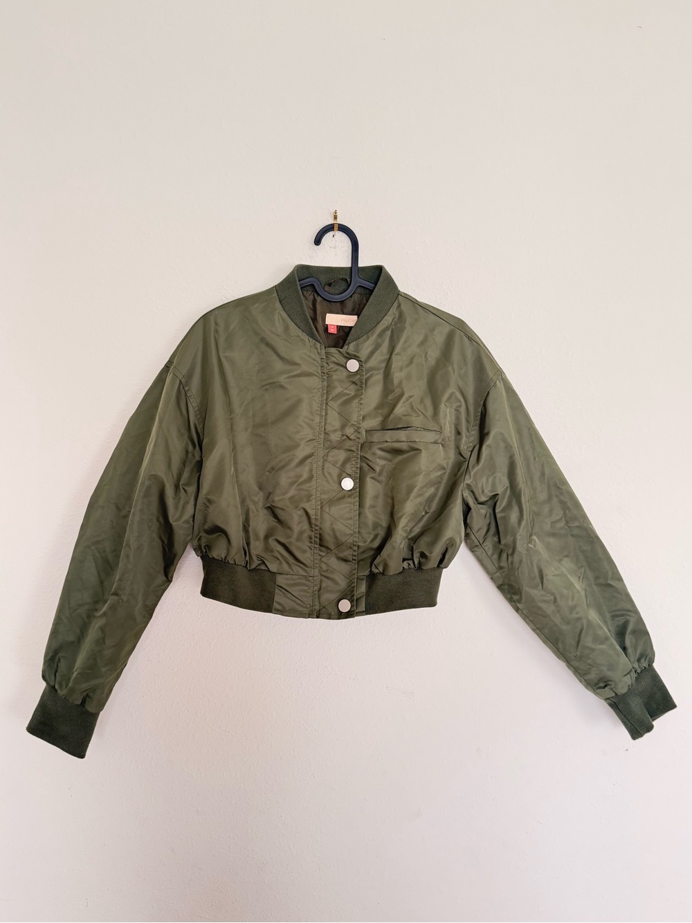 Pilcro Women's Green Cropped Bomber Jacket XS Nylon Full Zip Lined Long Sleeve
